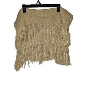 Women's Khaki Crochet Knitted Poncho Scarf wSequins + Fringe One Size Stretchy